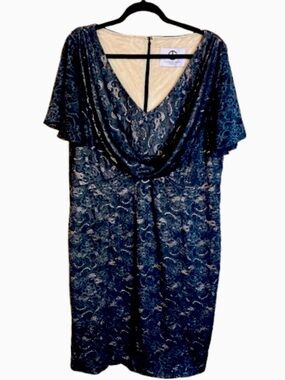 JS Collections Navy Blue Lace Elegant Evening Dress